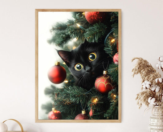 Affiche Chat Noir et Sapin de Noël – Décor Festif avec Ornements
