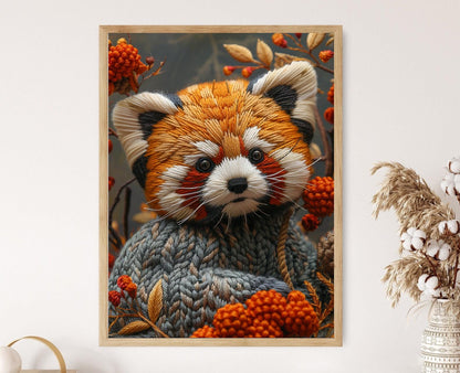Affiche Panda Rouge – Art Brodé Animal, Décoration en Cerceau