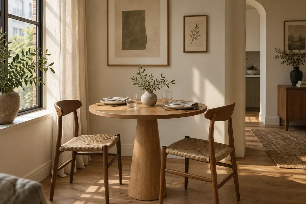 Round wooden dining table set for two beside a window