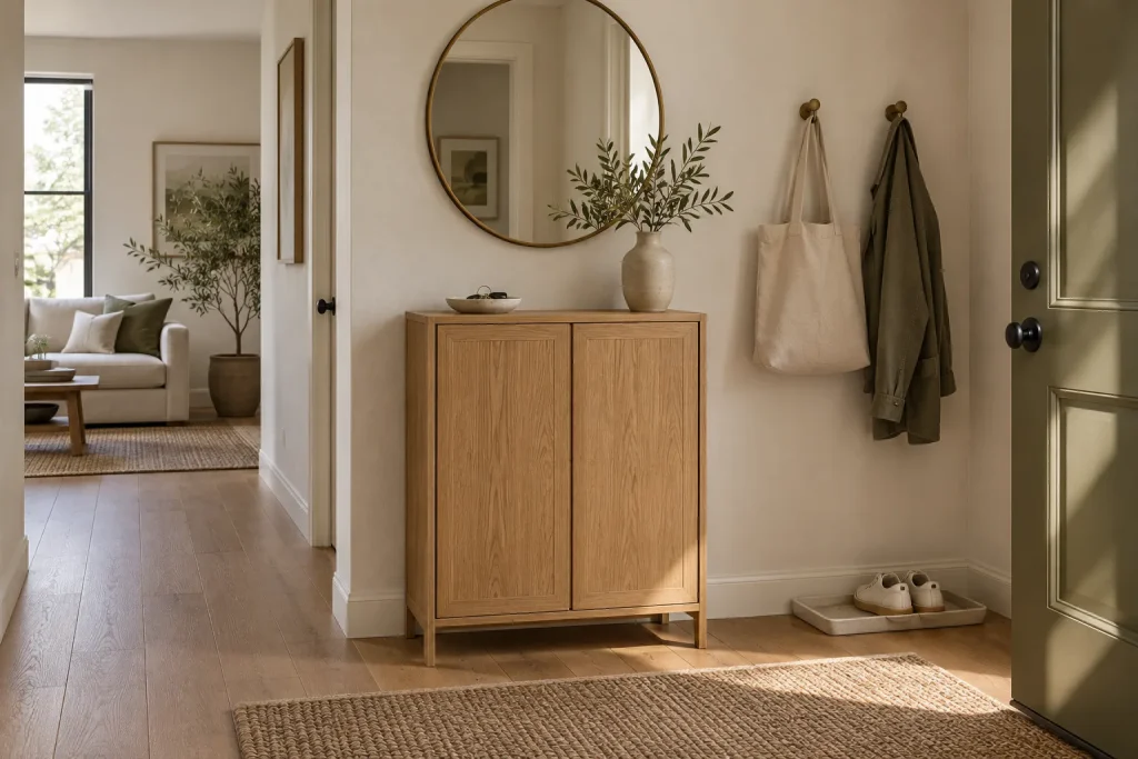 Oak storage cabinet and round mirror in a compact entryway