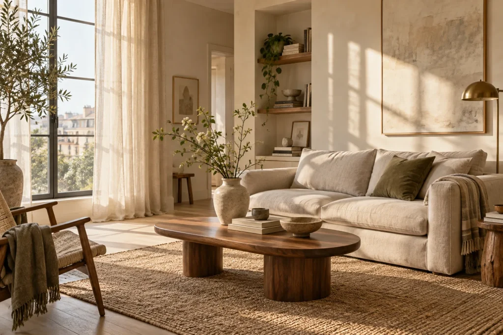 Warm neutral living room with a linen sofa and walnut coffee table