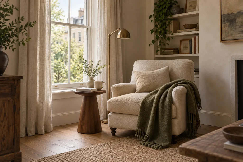 Cozy reading corner with a cream chair, wooden side table and reading lamp