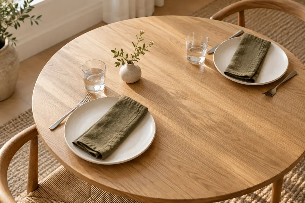 Room inspiration for how to style a small dining table without crowding it